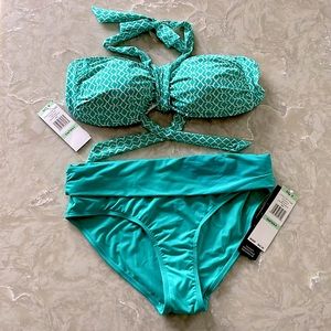 Jade green bikini Jones of New York ruched sides bandeau foldover full cover NWT